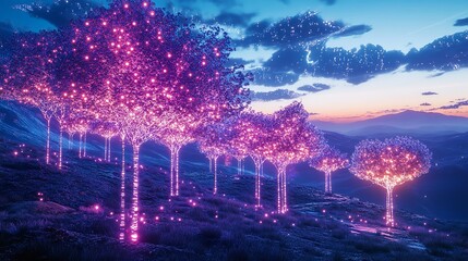 Night forest illuminated with bioluminescent trees under a starry sky