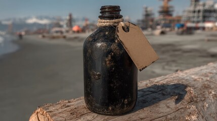 Naklejka premium Dark Glass Bottle Mockup Beach Log Kraft Tag Cinematic Lighting Coastal Scene