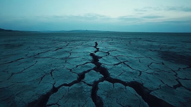 Extensive cracks in parched earth under a muted sky.