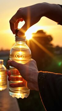 A close-up of hands distributing water bottles to mourners under the scorching sun, symbolizing Imam Hussain sacrifice in the desert of Karbala..