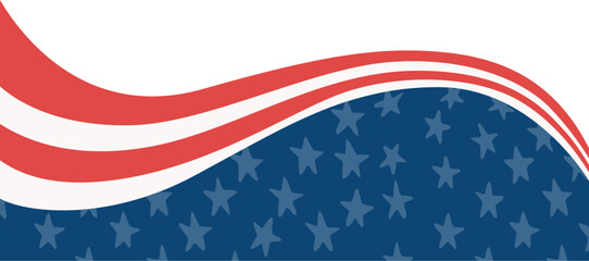 A red white and blue American flag wave background with stars and copy space. America border and corner for header, footer design.