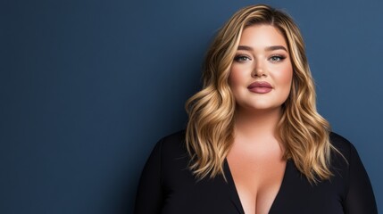 Naklejka premium Confident plus size woman with blonde hair pointing at the camera against a blue background