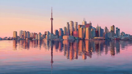 Colorful city skyline reflected in calm water at dawn