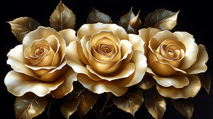 Elegant Golden Roses Against a Dramatic Black Background