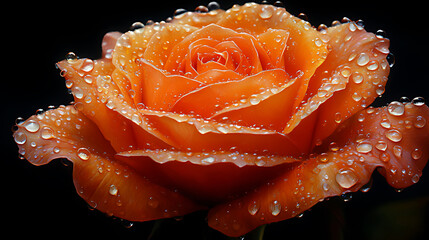 Close-Up of an Orange Rose Covered in Dew Against a Dark Background
