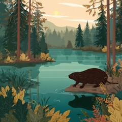 Forest lake scene with animal