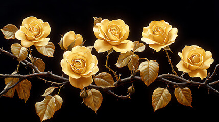 Golden Roses on a Black Background with Elegant Branches and Leaves