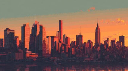 Pixelated city skyline at sunset