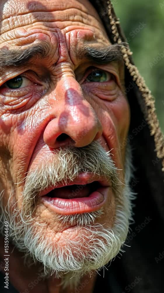 Poster a close-up of an old man face streaked with tears as he listens to a lamentation song, the shadows o