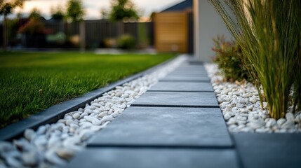 Close-up of a paved walkway bordered by white stones and grass.