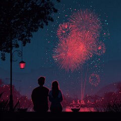 Silhouettes of a couple watching fireworks over a night landscape
