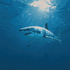 Underwater shark in sunlit deep blue ocean