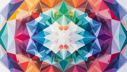 Obraz premium A vibrant geometric pattern featuring colorful triangular shapes in shades of blue, green, orange, and pink. The design creates a symmetrical and modern visual effect.