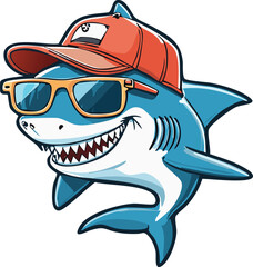 Cute Cartoon Shark Wearing Cap and Sunglasses