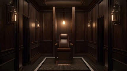 Fototapeta premium Dark Wood Paneling Room Luxury Leather Chair Elegant Interior Design