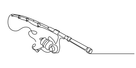 Continuous Line Drawing Of Fishing Rod. One Line Of Fishing Equipment. Fishing Rod Continuous Line Art. Editable Outline, Continuous one line drawing of a fish on a rod. Fishing hobby concept. Simple.