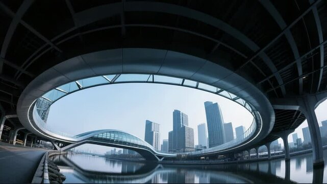 Dynamic low-angle tilt-up shot along the sweeping arches of a modern bridge, moving from the footpath to the glass upper structure. Captures striking contrast of concrete, steel, and glass in cinemati
