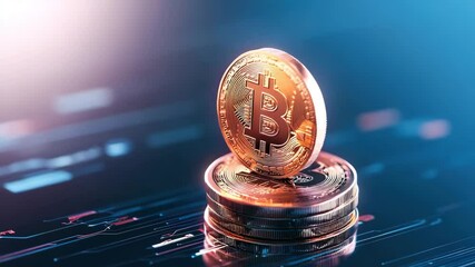 Stack of golden bitcoin coins digital financial chart background, symbolizing cryptocurrency investment, blockchain technology, and futuristic online trading with glowing, modern atmosphere - Powered by Adobe