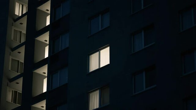 Nighttime city video of a tall residential building with many windows. One window glows at first, then gradually more windows light up with a warm inviting glow, creating a cinematic urban atmosphere.