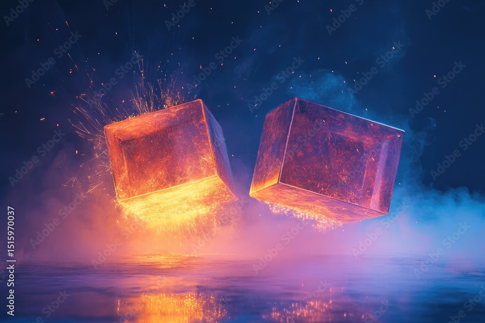 Poster abstract cubes in fiery explosion