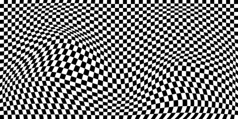 Warped black and white checkered pattern. Distorted chessboard grid creating an optical illusion effect. Wavy background for retro, psychedelic, visual designs. Abstract vector illustration.