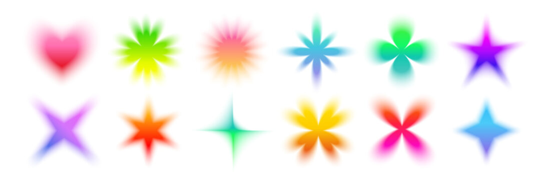 Y2K gradient flowers and elements. Colorful abstract icons with soft glow and blurred edges on white. Trendy figures for design, fashion, stickers, posters, social media. Vector illustration.