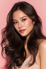 Naklejka premium A stylish model in a glamorous fashion forward pose, with a clean pink background that highlights her beauty and elegance.
