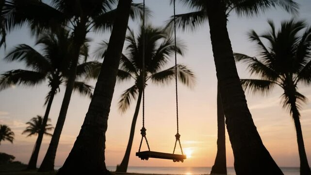 A serene beach scene at sunset featuring a wooden swing tied between palm trees. The camera begins with a wide view of the ocean and palm silhouettes, then slowly zooms toward the swing, highlighting 