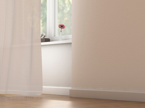 Fototapeta 3D rendering of a minimalist home interior with a window, curtain, and flower vase