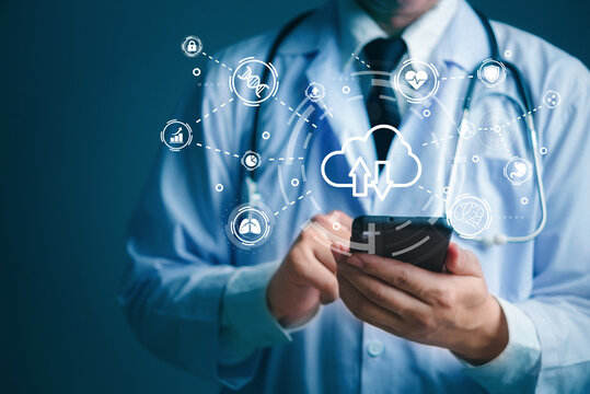 doctor using smartphone with cloud health icons, digital cloud computing medical , telemedicine remote diagnosis, and AI healthcare technology solutions innovation data management. - Powered by Adobe