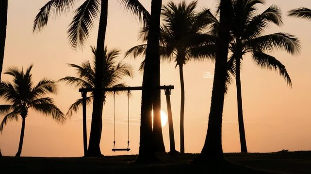 A cinematic sunset beach scene with tall palm trees and a swing, the camera slowly panning from left to right. The golden light of the setting sun casts long dramatic shadows across the sand