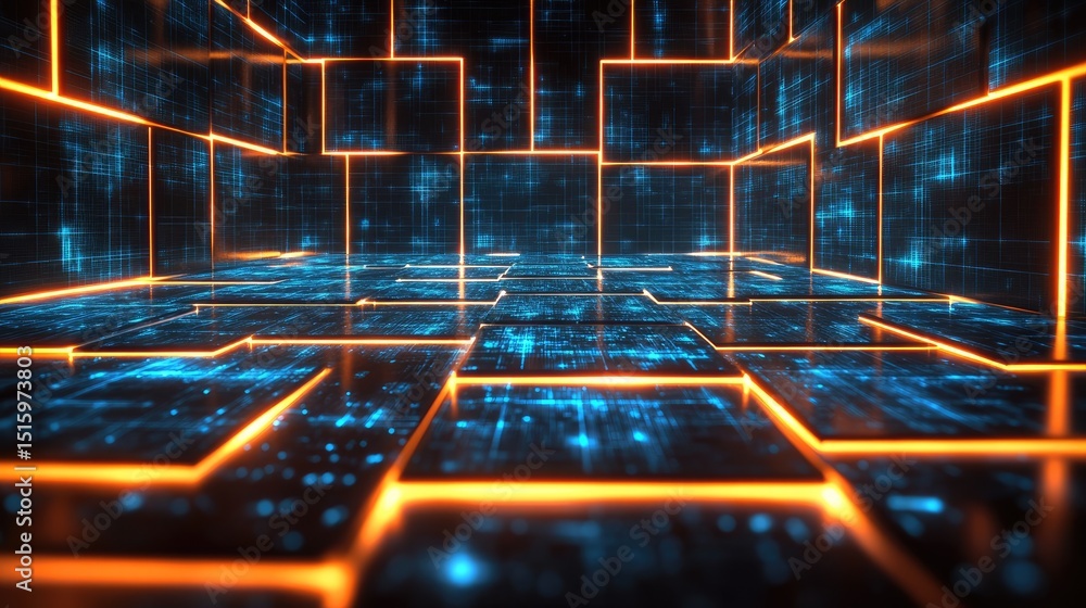 Poster digital abstract: a mesmerizing composition of interconnected glowing lines and geometric shapes. ba