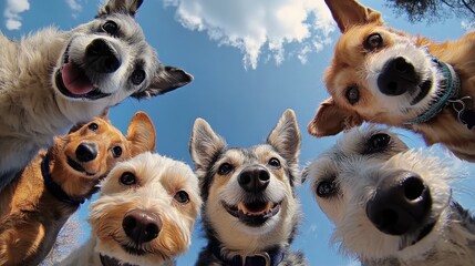 Happy Dogs Circle: Six adorable dogs of different breeds gather in a circle, looking up at the camera with cheerful expressions against a bright blue sky. 