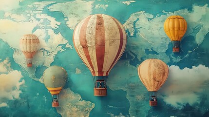 Five hot air balloons floating above a world map with a blue and white painted background effect