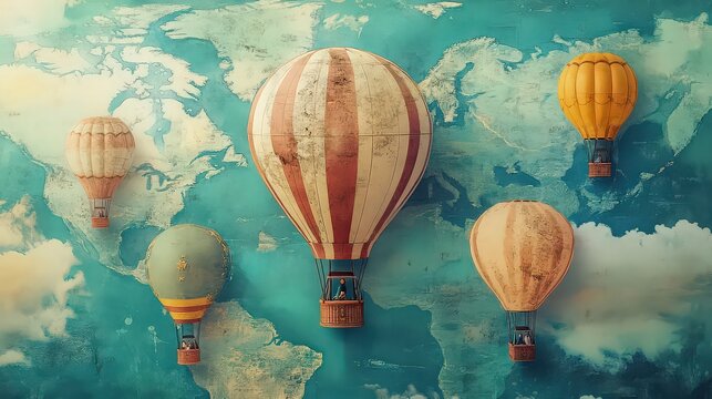 Five hot air balloons floating above a world map with a blue and white painted background effect - Powered by Adobe