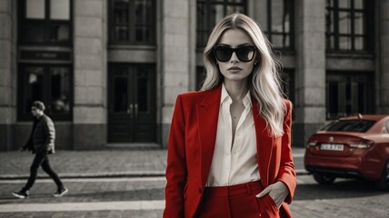 Confident Woman in Red  Suit , Jacket High Fashion woman Trendy outfit & Elegance Outdoors photoshoot , Model with sunglasses , professional model with red suit , blonde image , photo