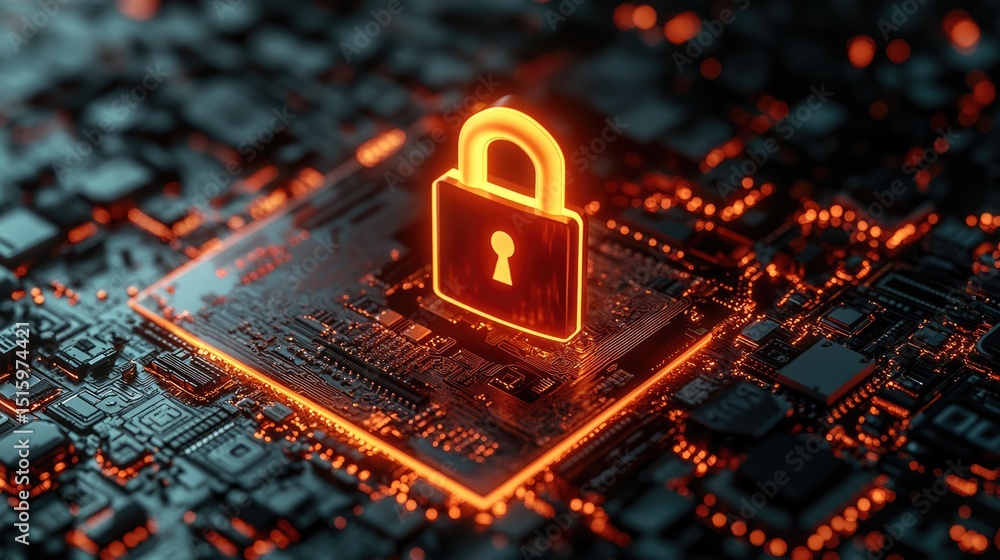 Poster digital security shield: a glowing lock symbolizes robust digital security atop a complex circuit bo