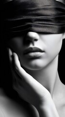 Close-up of a woman's face and hands with a blindfold.