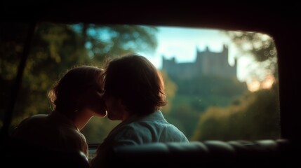 Couple sharing a tender kiss in a vintage car with a castle backdrop during sunset