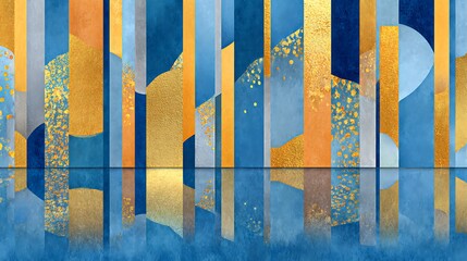 Abstract Moody Blue Painting with Vibrant Gold Elements and Reflection