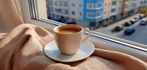 Morning coffee cup on windowsill with soft blanket and urban view outside, creating cozy and peaceful atmosphere in new apartment