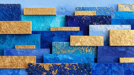 Abstract Moody Blue Painting with Textured Layers and Golden Accents