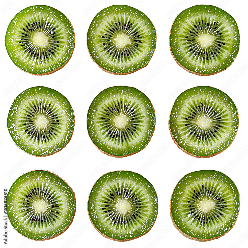 Poster fresh kiwi fruit slices arrangement on a plain background close up view isolated on transparent back