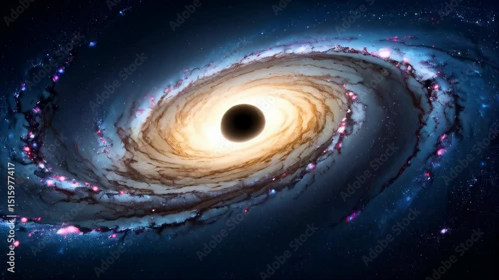 Wall mural rotating galaxy with black hole in center, spiraling arms, cosmic dust and starfield in deep space