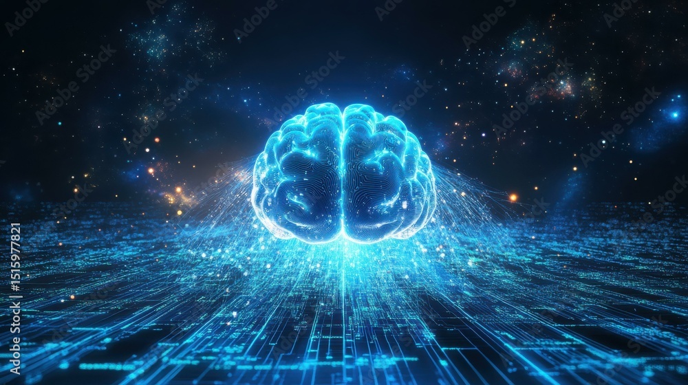 Poster glowing digital human brain with data streams in dark space