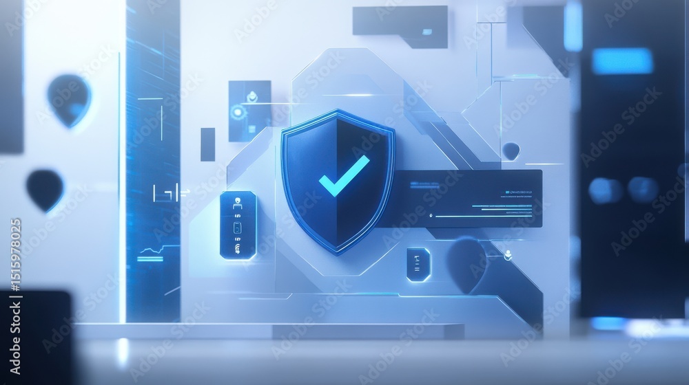 Poster shield with checkmark and digital interface elements indoors