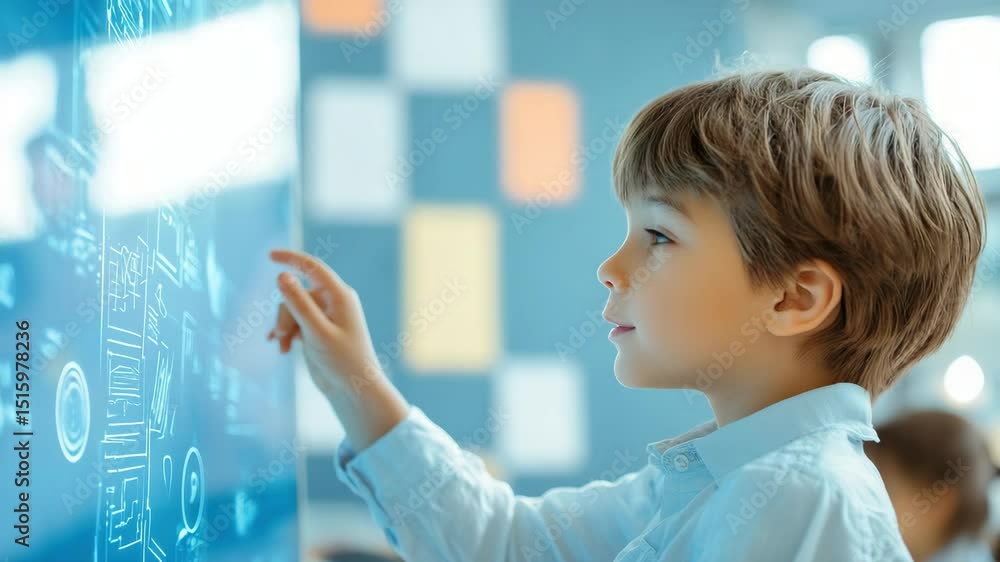 Poster curious young boy and child interacting with interactive digital touchscreen display, exploring tech