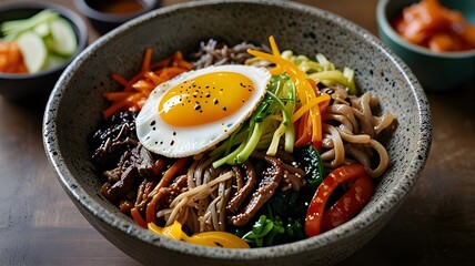 Korean bibimbap in a stone bowl with vibrant toppings, egg yolk in the center 