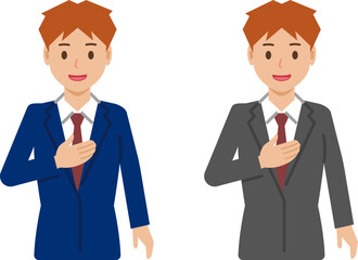 「お任せください」と笑顔のショートヘアの若い男性。スーツ姿の上半身