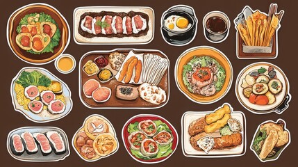 A collection of various food dishes including sushi, salads, and fried items on a brown background